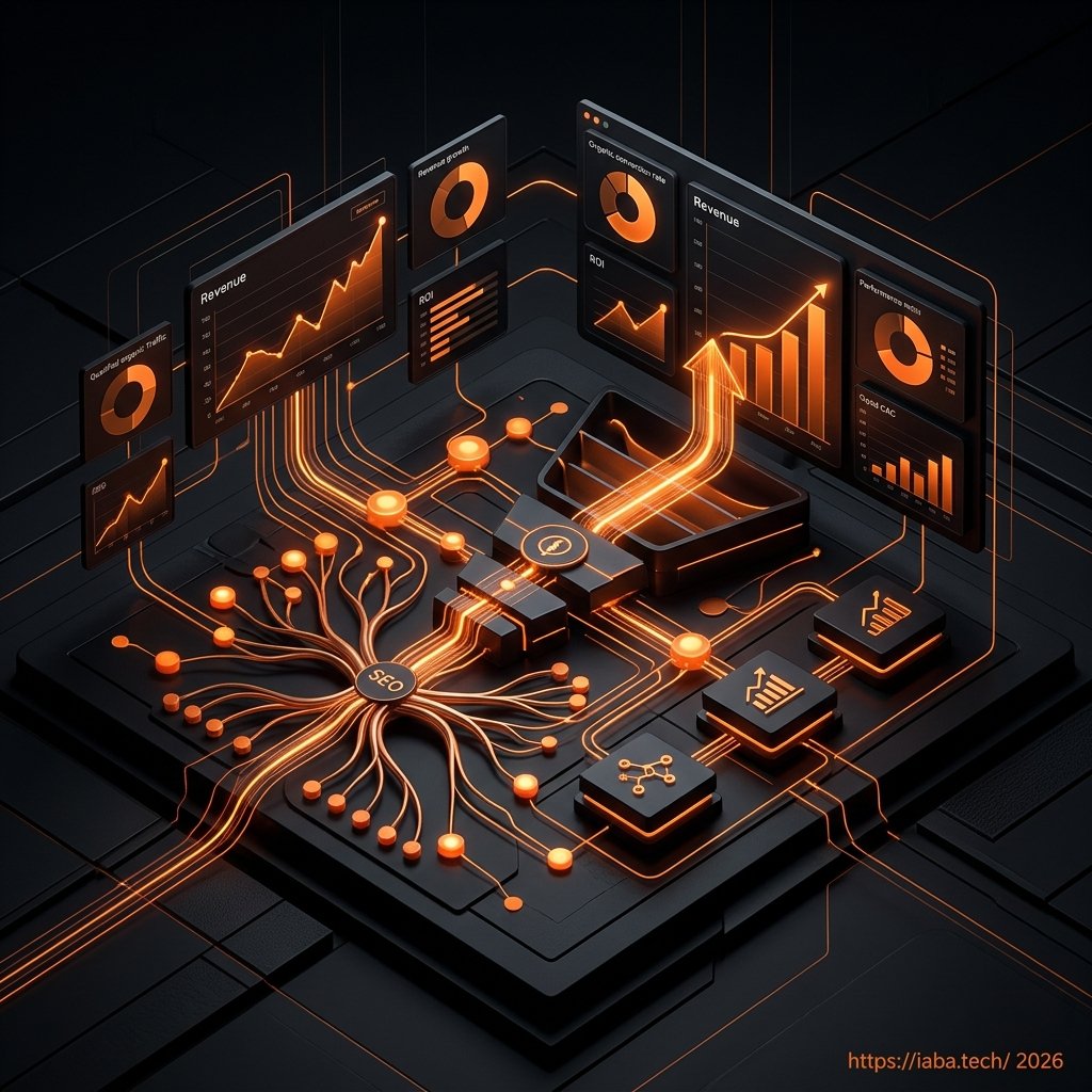 Interface de dashboard IABA affichant des métriques SEO business : contribution EBITDA, CAC organique et pipeline commercial segmenté par ICP.