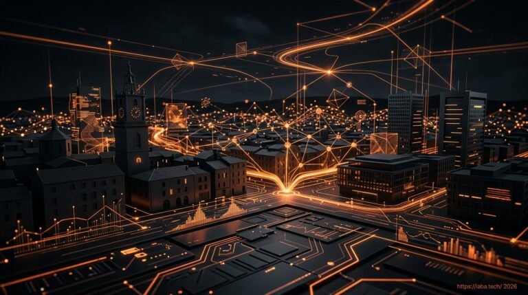 Visualisation de flux de données neuronaux au-dessus d'Aix-en-Provence, illustrant la domination du marché local par l'IA.