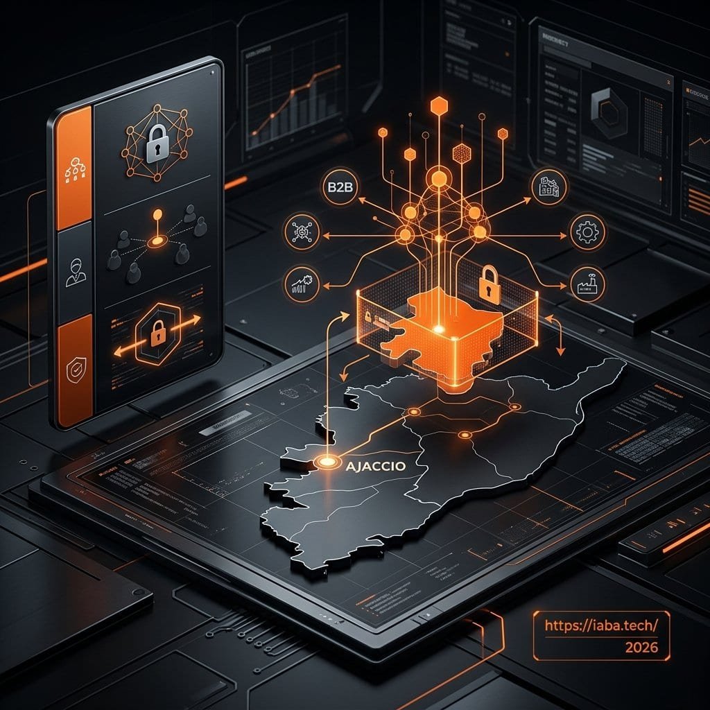 Carte stylisée du bassin économique d'Ajaccio illustrant le verrouillage stratégique et exclusif des solutions IA par secteur d'activité.