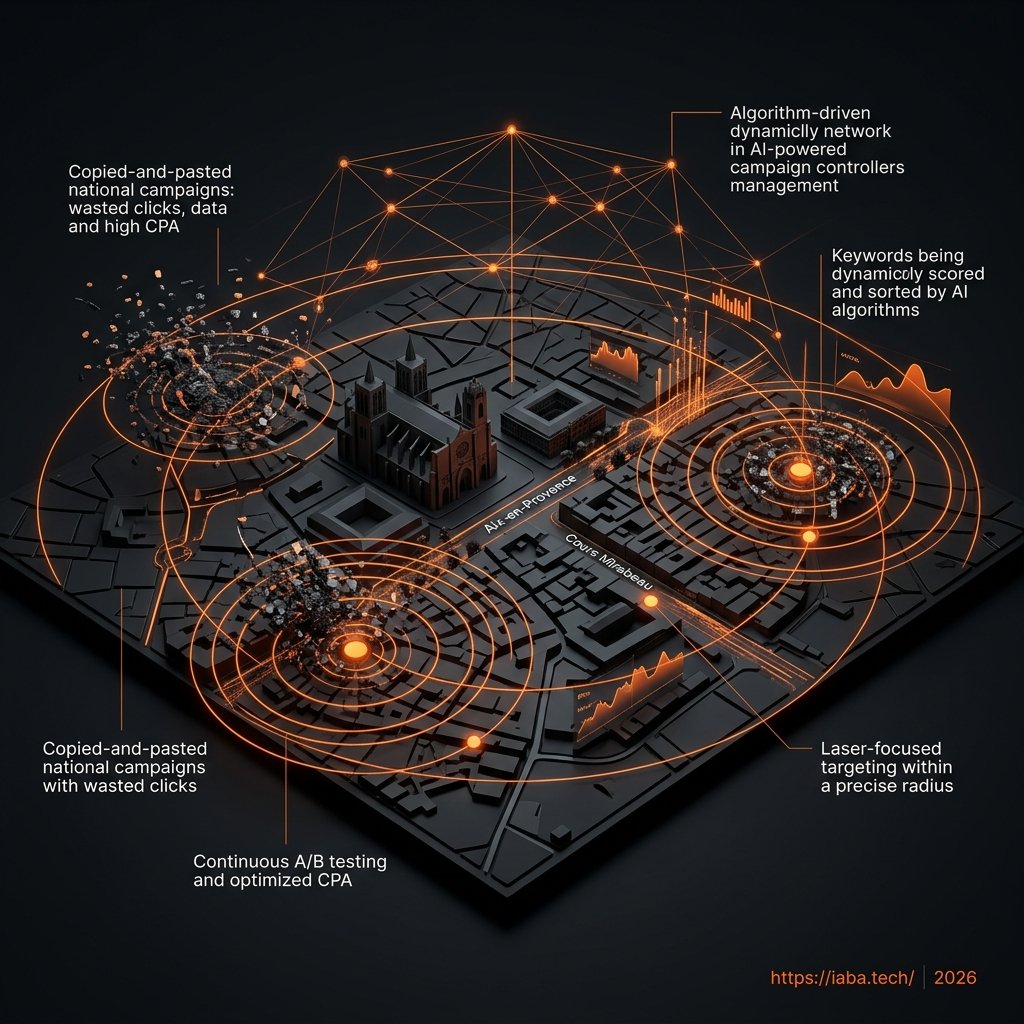 Visualisation cartographique des parts de voix SEA sur Aix-en-Provence, illustrant le potentiel publicitaire sous-exploité localement.