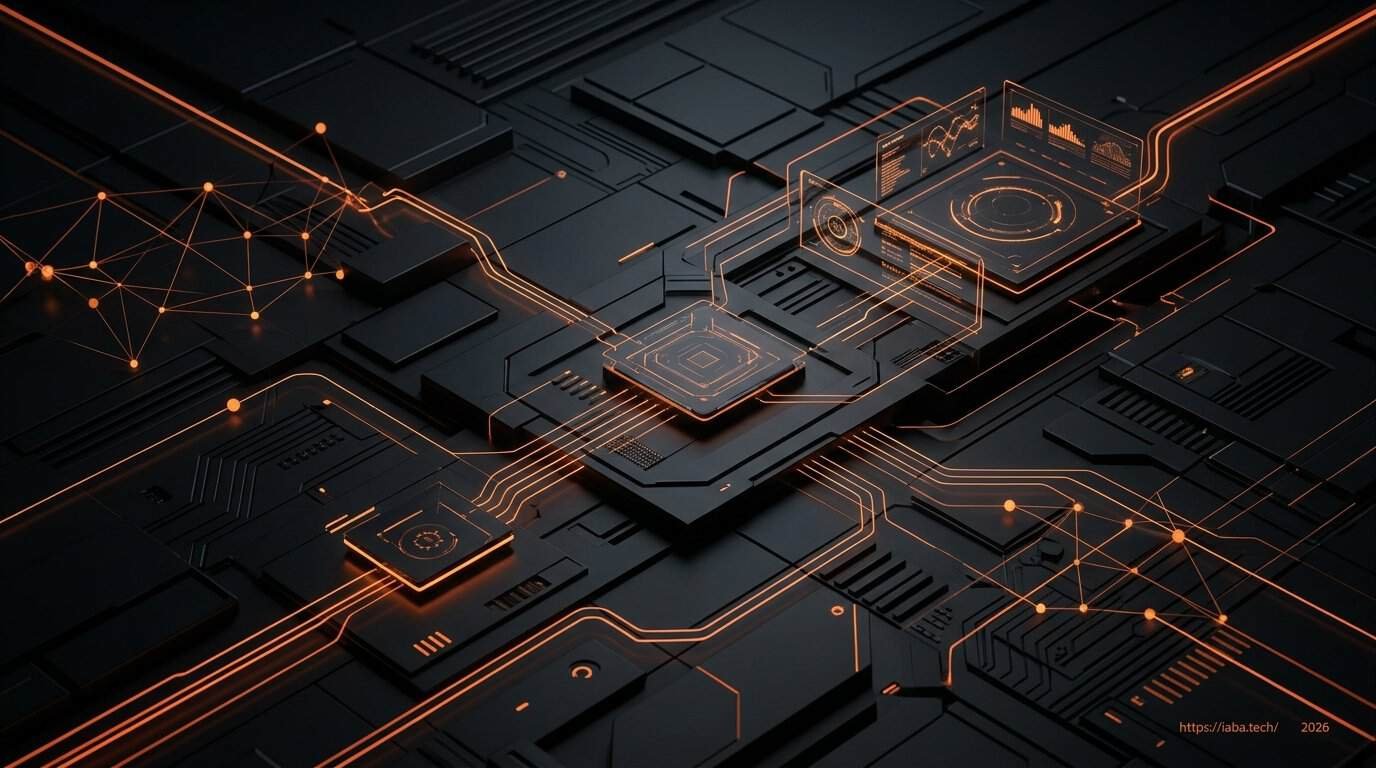 Interface digitale abstraite symbolisant des flux de données interconnectés, illustrant l'automatisation avancée des processus métier en entreprise.