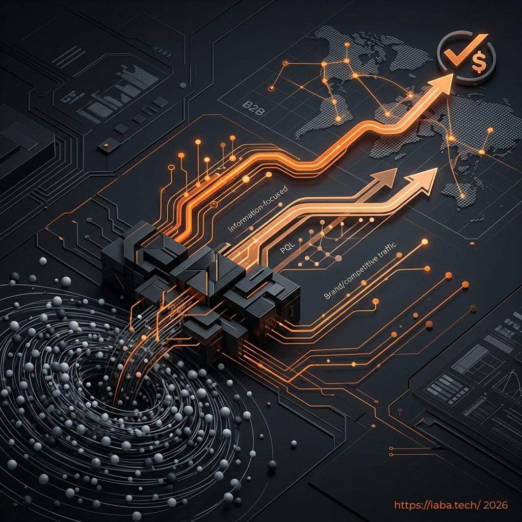 Graphique analytique comparant le volume de trafic SEO à la densité de valeur par session via les segments PQL et SQL de la méthodologie IABA.