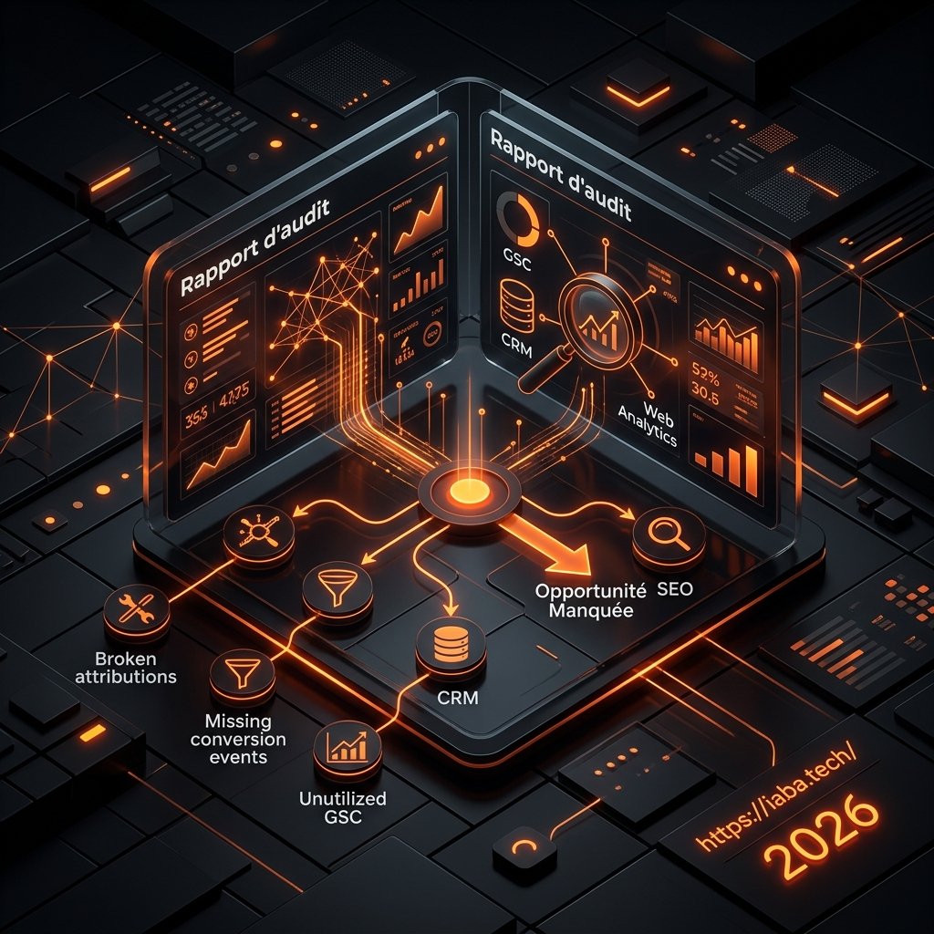 Tableau de bord de diagnostic SEO identifiant les erreurs d'attribution, les flux GSC inexploités et les déconnexions de données CRM.