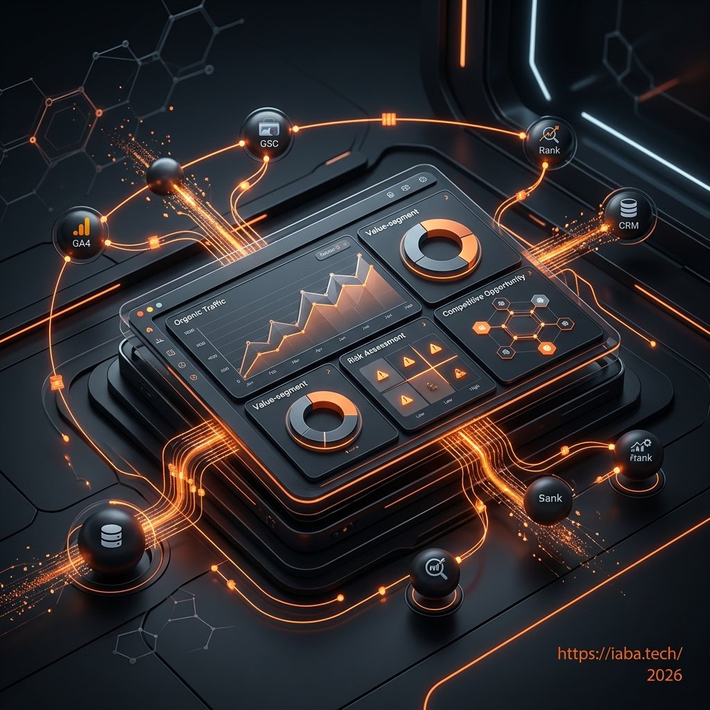 Interface dashboard SEO propriétaire intégrant GA4 et CRM, visualisant la performance organique par segment de valeur et opportunités algorithmiques.
