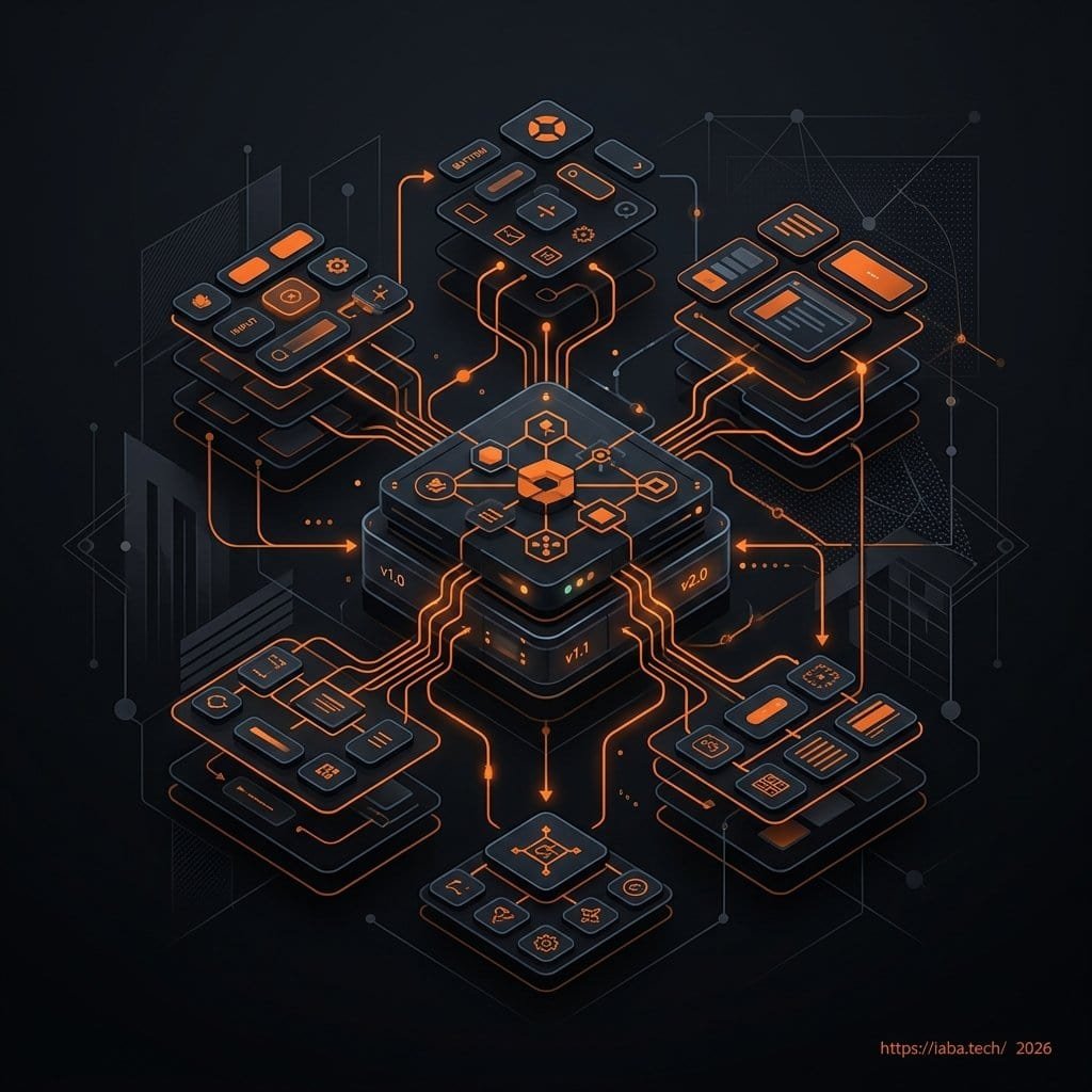 Interface Figma complexe exposant la structure atomique des composants, les variables sémantiques et un historique de branches versionnées.