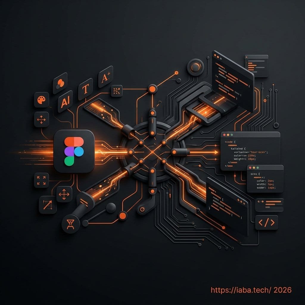 Schéma technique d'un pipeline API synchronisant les design tokens de Figma vers une codebase Tailwind et CSS.