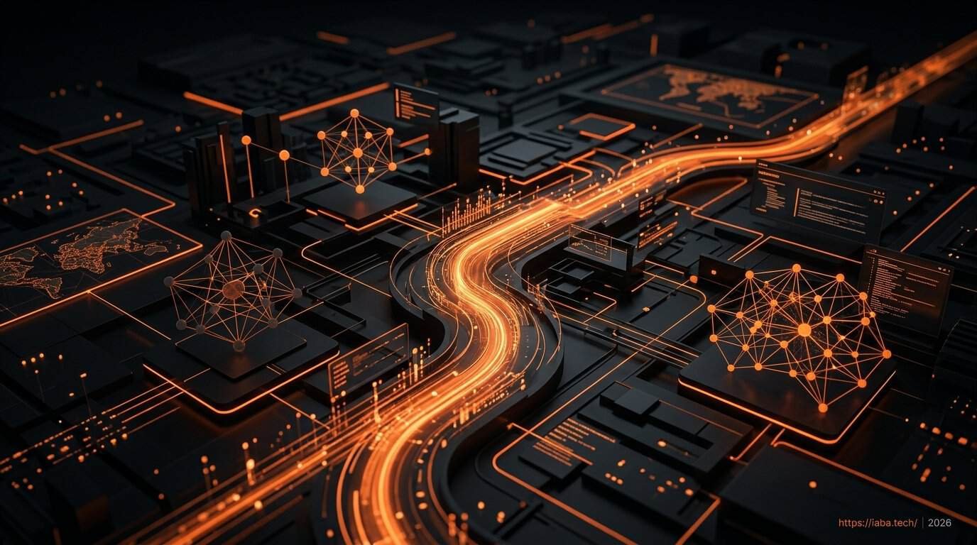 Architecture de flux de données sémantiques interconnectés, illustrant le système iaba pour l'optimisation sur les moteurs de recherche IA.