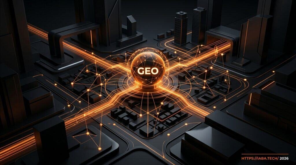 Représentation graphique d'un maillage sémantique IA pour la visibilité locale, illustrant le service de Generative Engine Optimization.