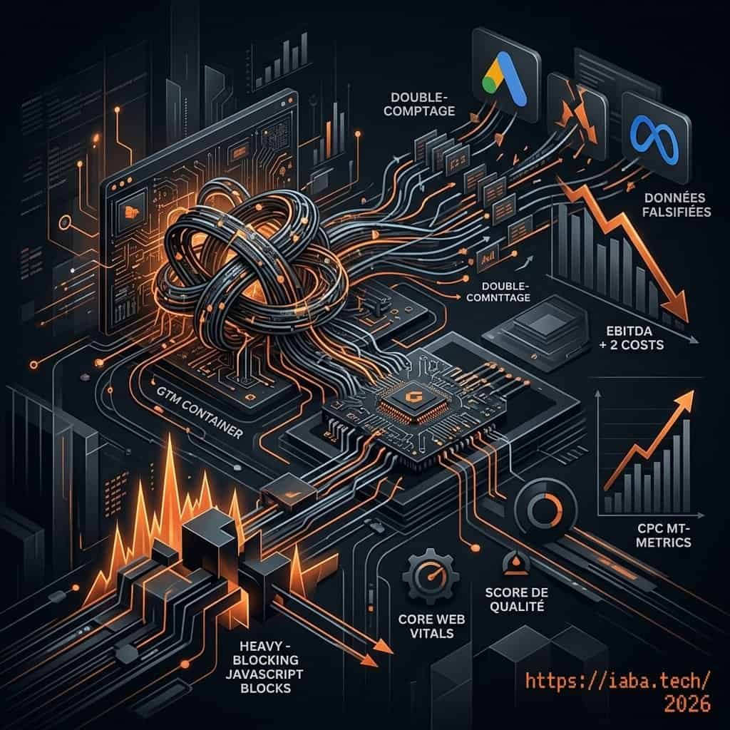 Schéma technique montrant la perte de données dans un conteneur GTM mal structuré entraînant une baisse de ROAS et de précision marketing.