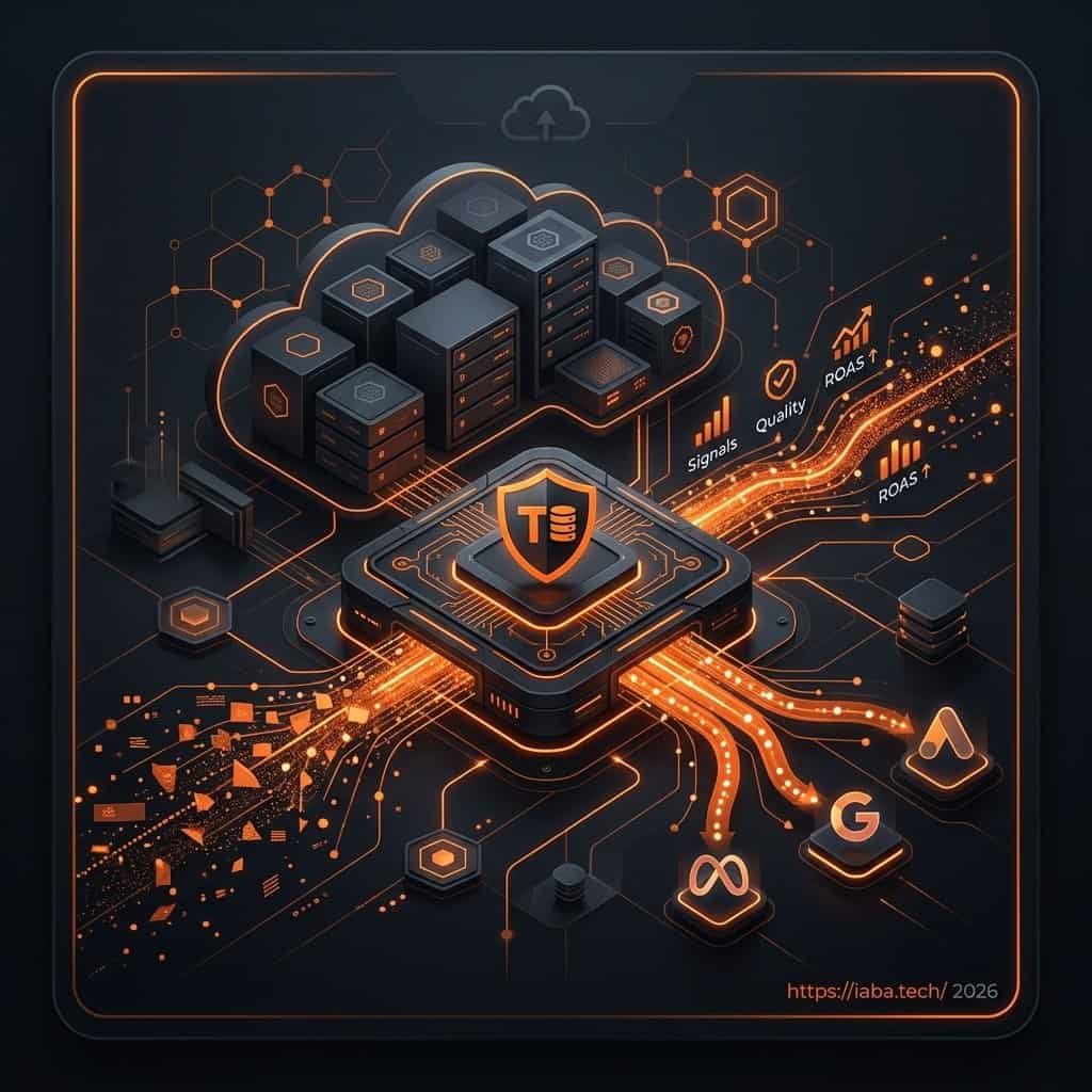 Schéma technique d'un flux GTM Server-Side optimisant les signaux vers Meta CAPI et Google Enhanced Conversions via une infrastructure cloud dédiée.