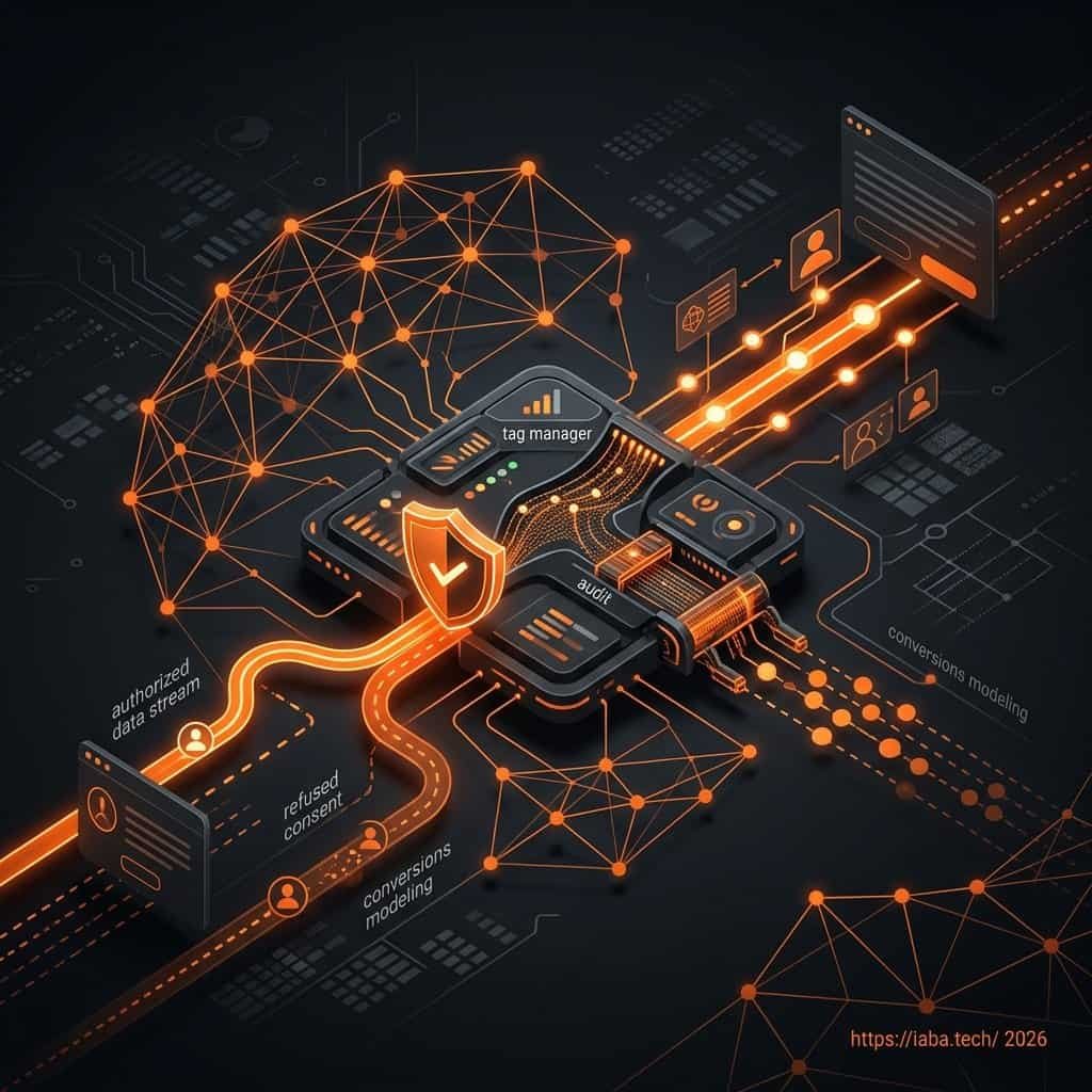 Schéma technique illustrant le flux de données entre une CMP, Google Consent Mode v2 et GTM pour la modélisation des conversions.