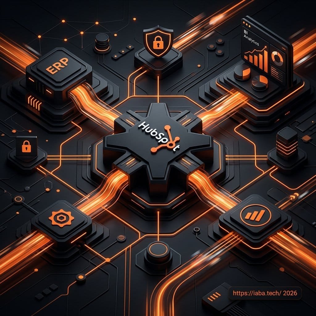 Schéma technique d'une connexion API directe entre HubSpot et un ERP, illustrant la suppression des outils tiers comme Zapier ou Make.