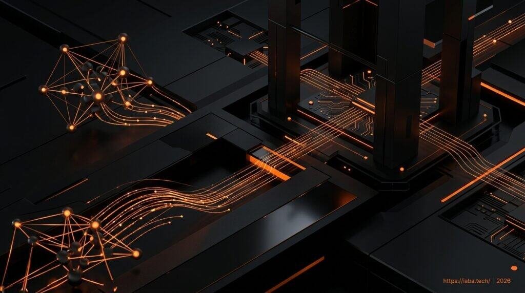 Visualisation de flux de données IA interconnectés illustrant la personnalisation et l'automatisation pour la gestion de copropriétés.