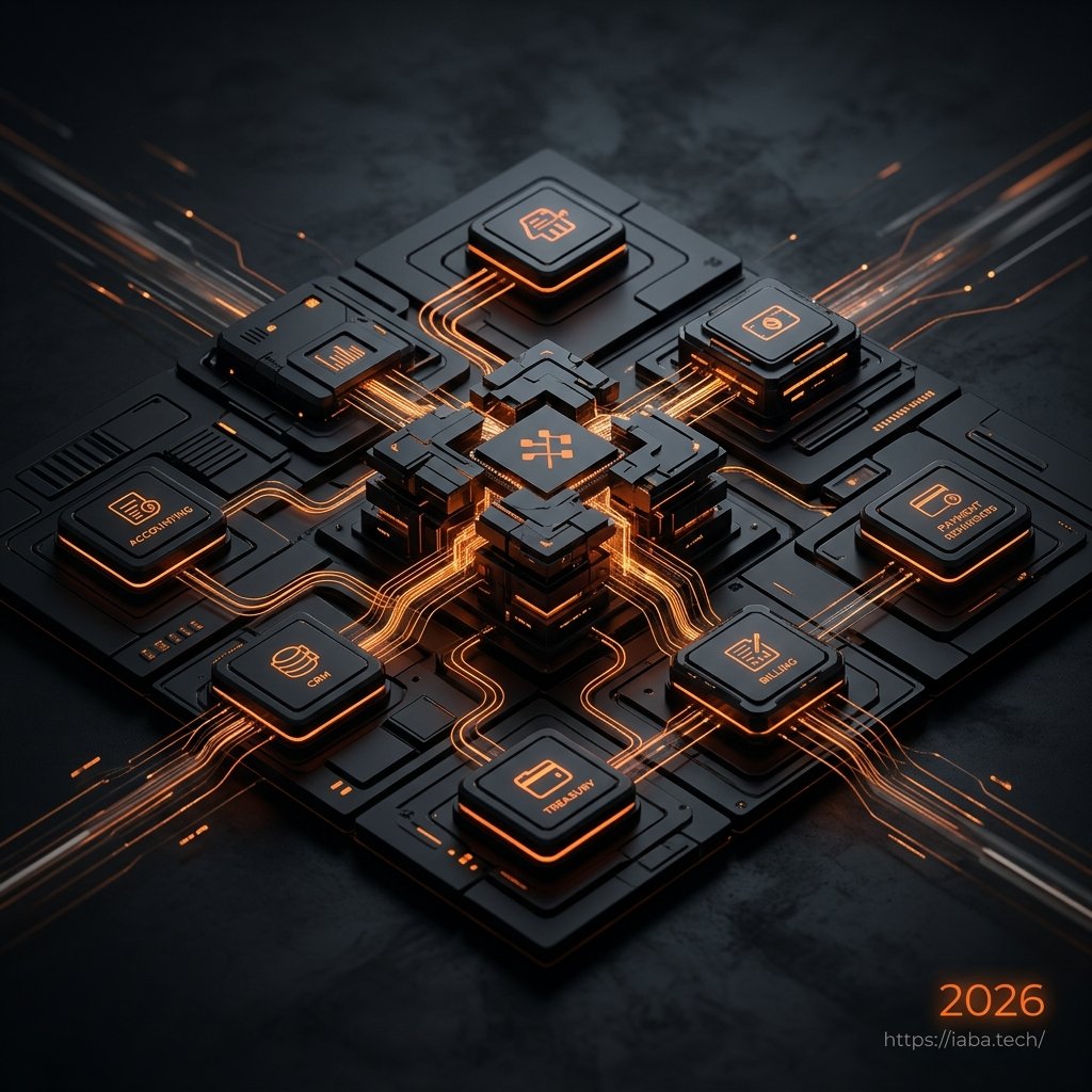 Schéma technique d'une infrastructure syndic interconnectée au CRM et à la comptabilité pour l'automatisation des flux de données financiers.