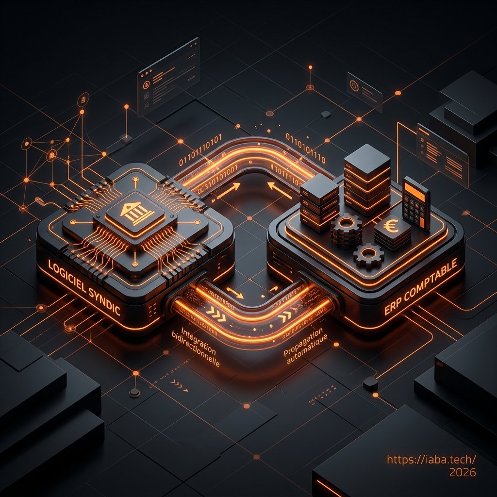 Schéma de flux de données bidirectionnel entre logiciel syndic et ERP comptable illustrant l'automatisation sans ressaisie des écritures.
