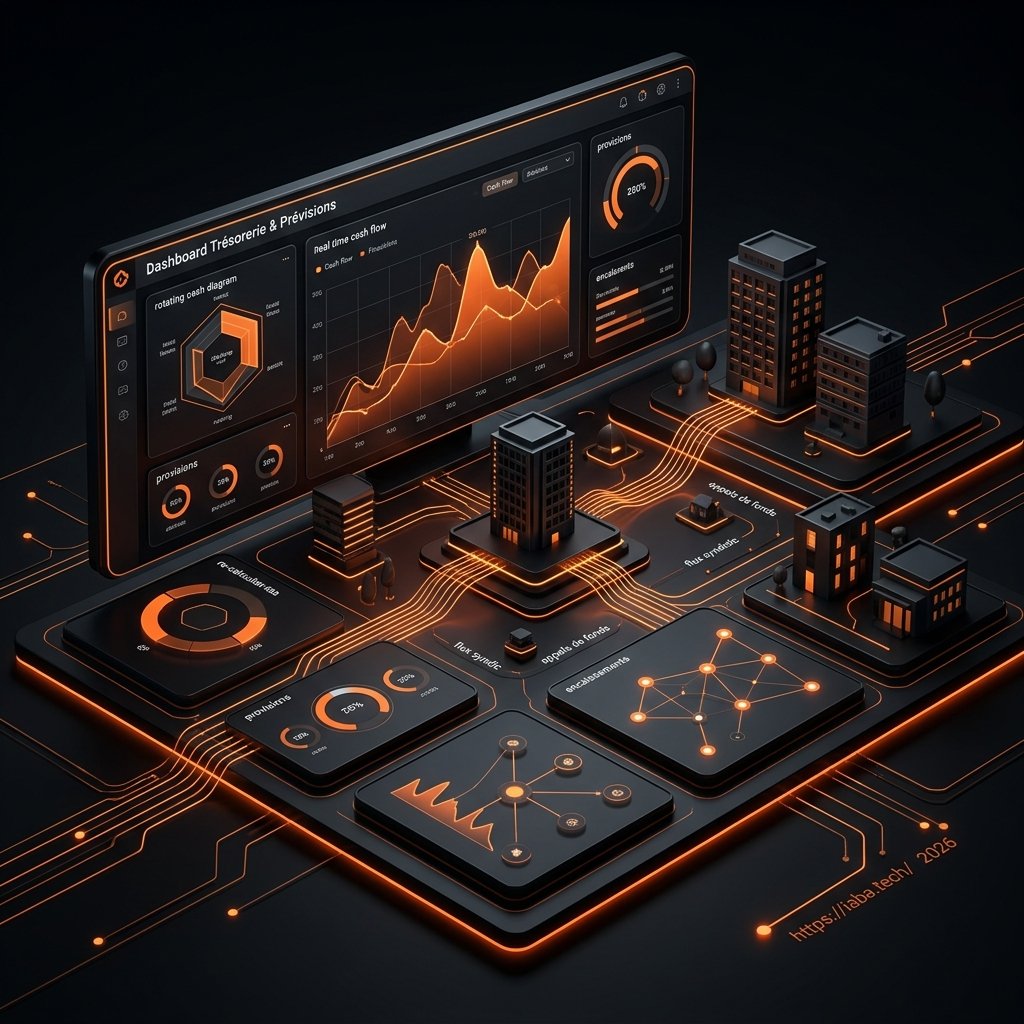Interface de dashboard financier affichant flux de trésorerie, appels de fonds et graphiques de prévisions budgétaires en temps réel.