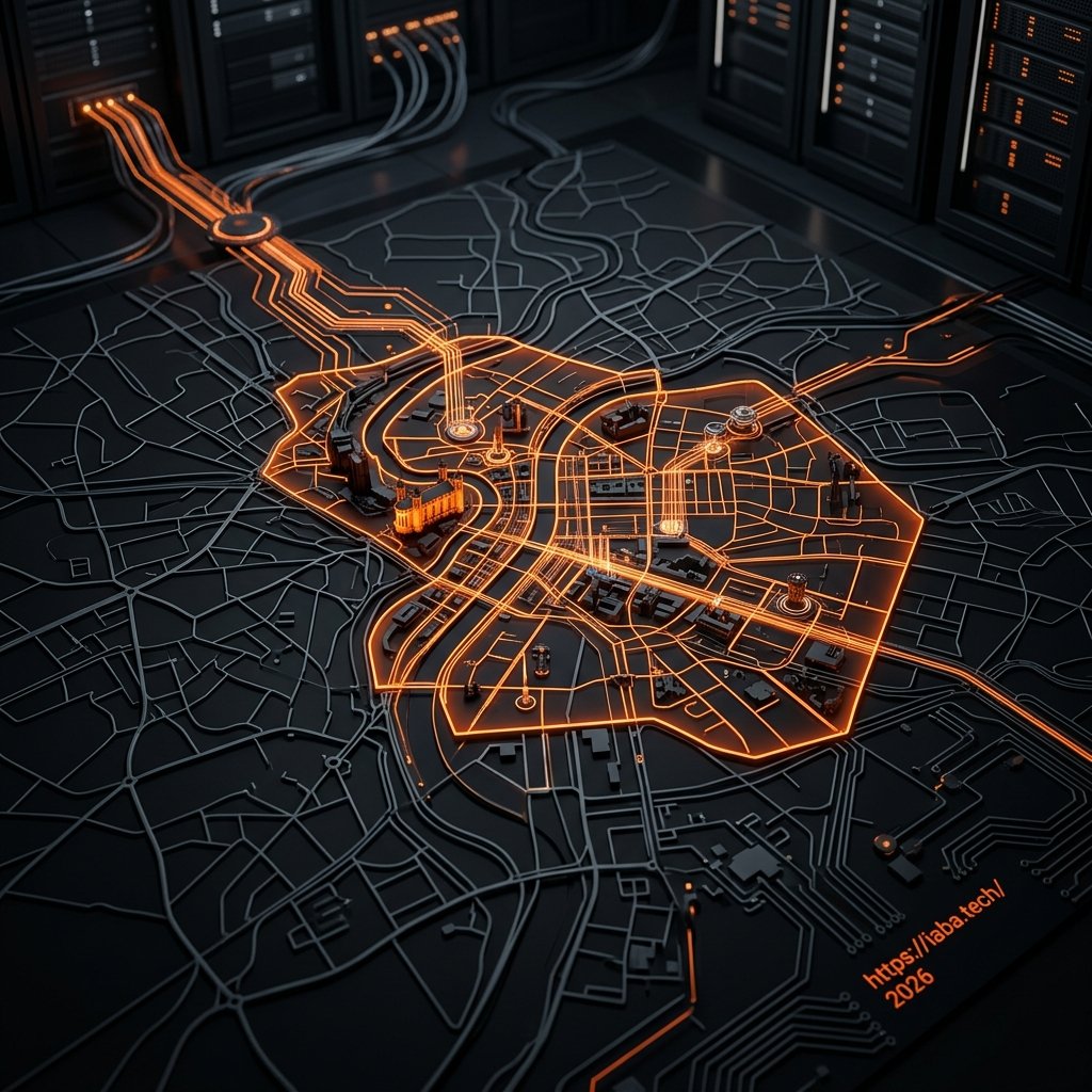 Vue aérienne de Lyon avec maillage numérique illustrant une infrastructure de déploiement géographique exclusive par zone verrouillée.