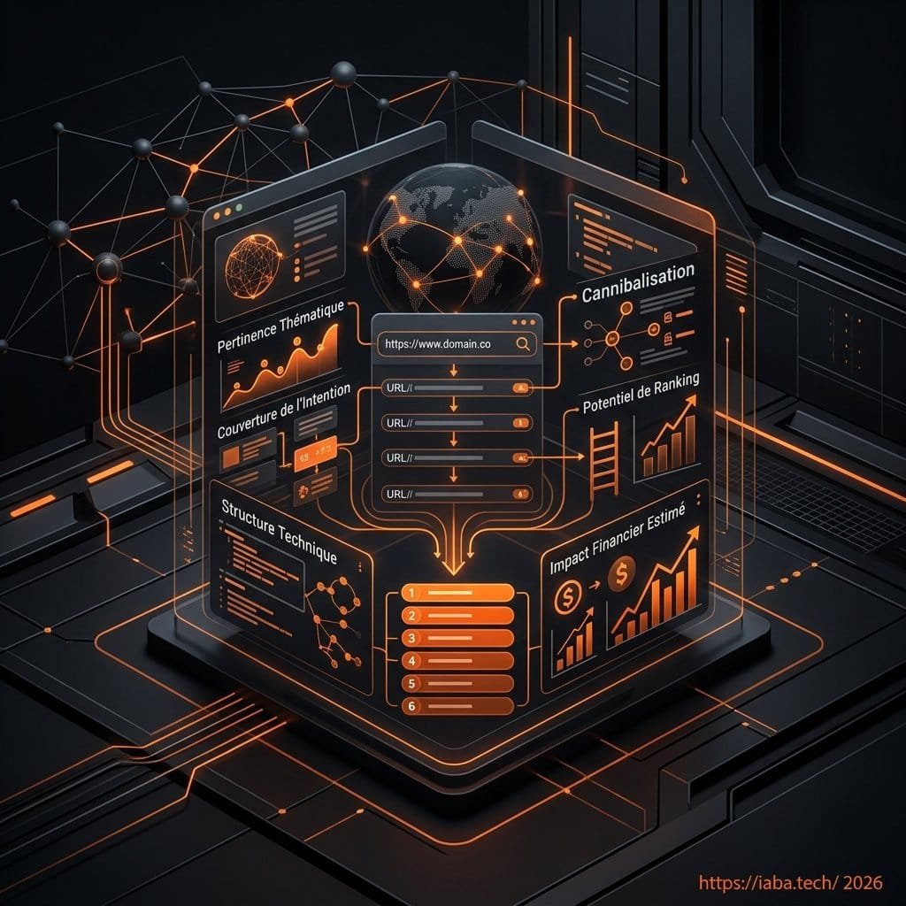 Dashboard d'audit SEO forensique affichant le scoring de pertinence thématique et l'impact financier par URL sous forme de graphiques décisionnels.
