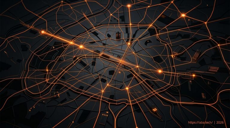 Vue schématique de Paris sous forme de maillage numérique, symbolisant le verrouillage algorithmique du marché local par notre infrastructure.