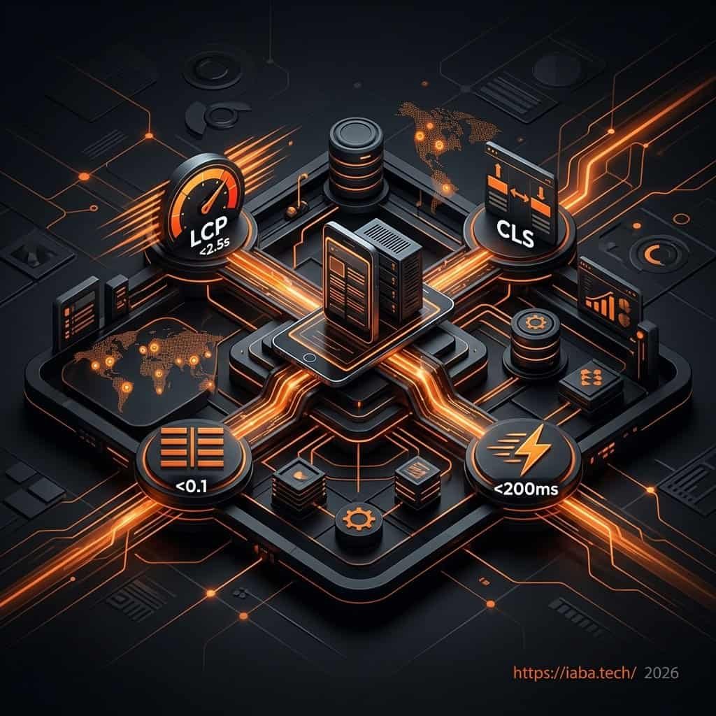 Schéma d'architecture technique SEO illustrant l'optimisation des Core Web Vitals LCP, CLS et INP pour une indexation mobile-first.