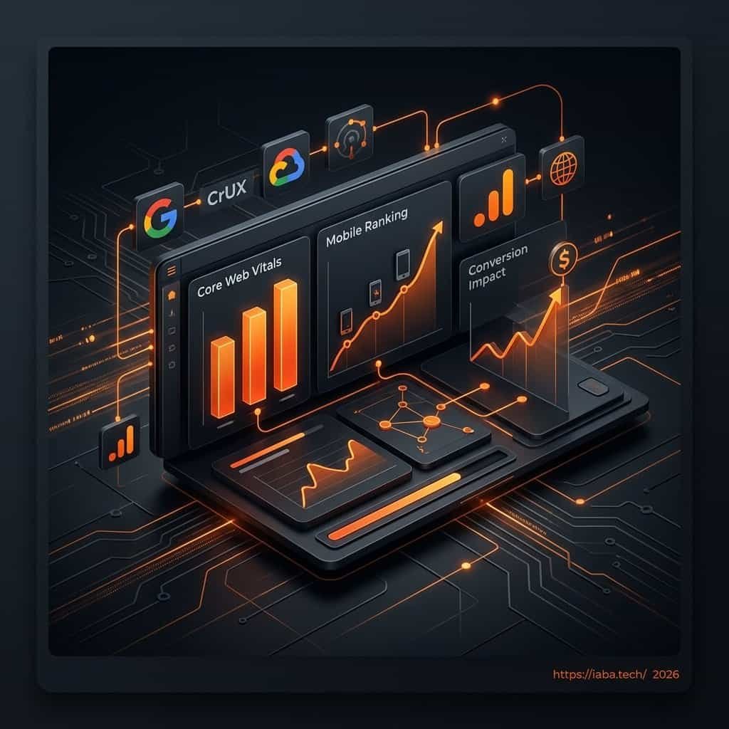 Interface de dashboard SEO temps réel affichant les Core Web Vitals, le ranking mobile et l'impact business via GSC et CrUX.