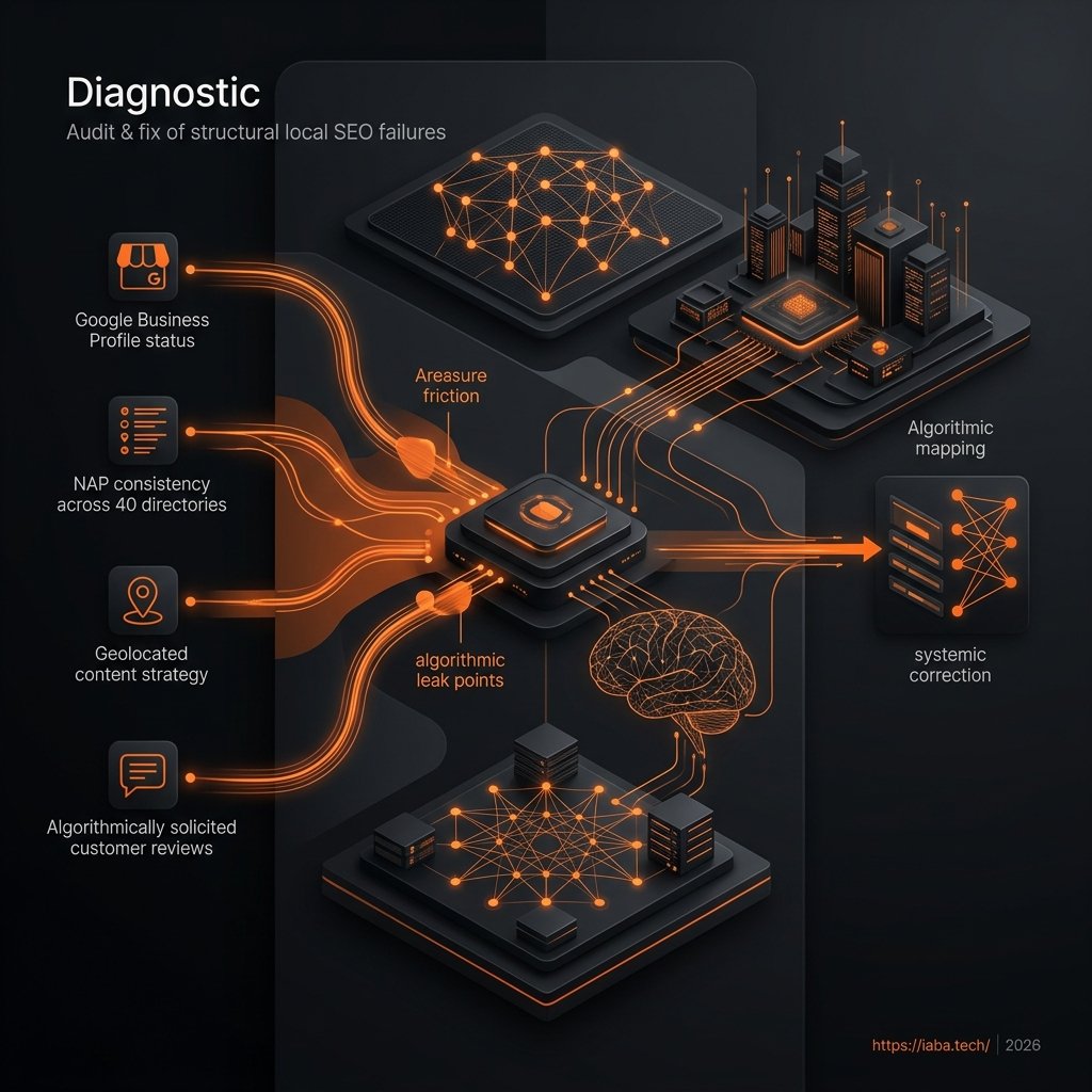Schéma d'audit SEO local B2B révélant les incohérences NAP et les pertes de visibilité algorithmique sur les requêtes géolocalisées stratégiques.