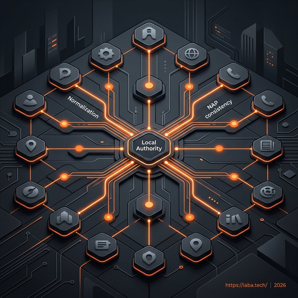 Graphique illustrant la synchronisation des données NAP d'une entreprise sur un réseau de 60+ annuaires B2B et plateformes d'autorité locale.