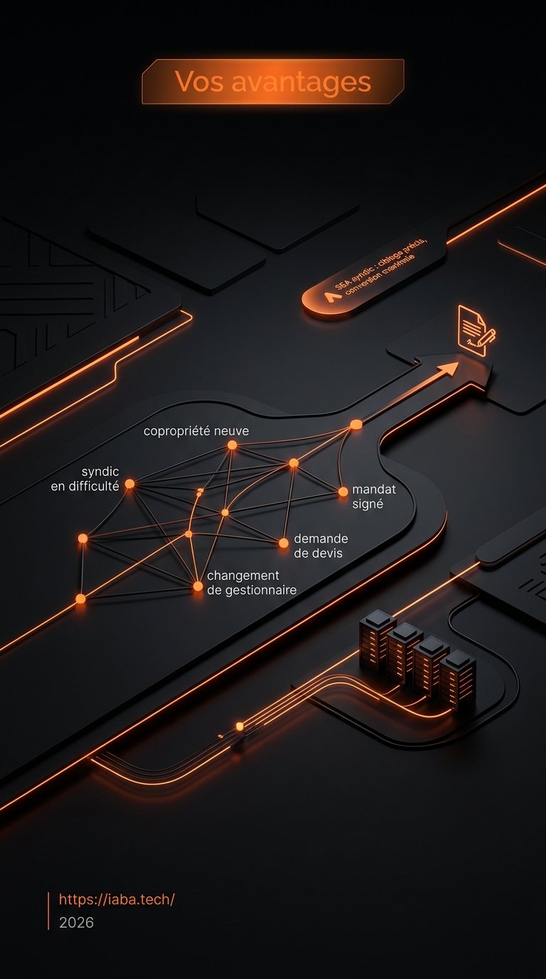Graphique SEA syndic ciblage précis : entonnoir filtrant les prospects qualifiés vers des mandats signés avec suivi de conversion iaba.