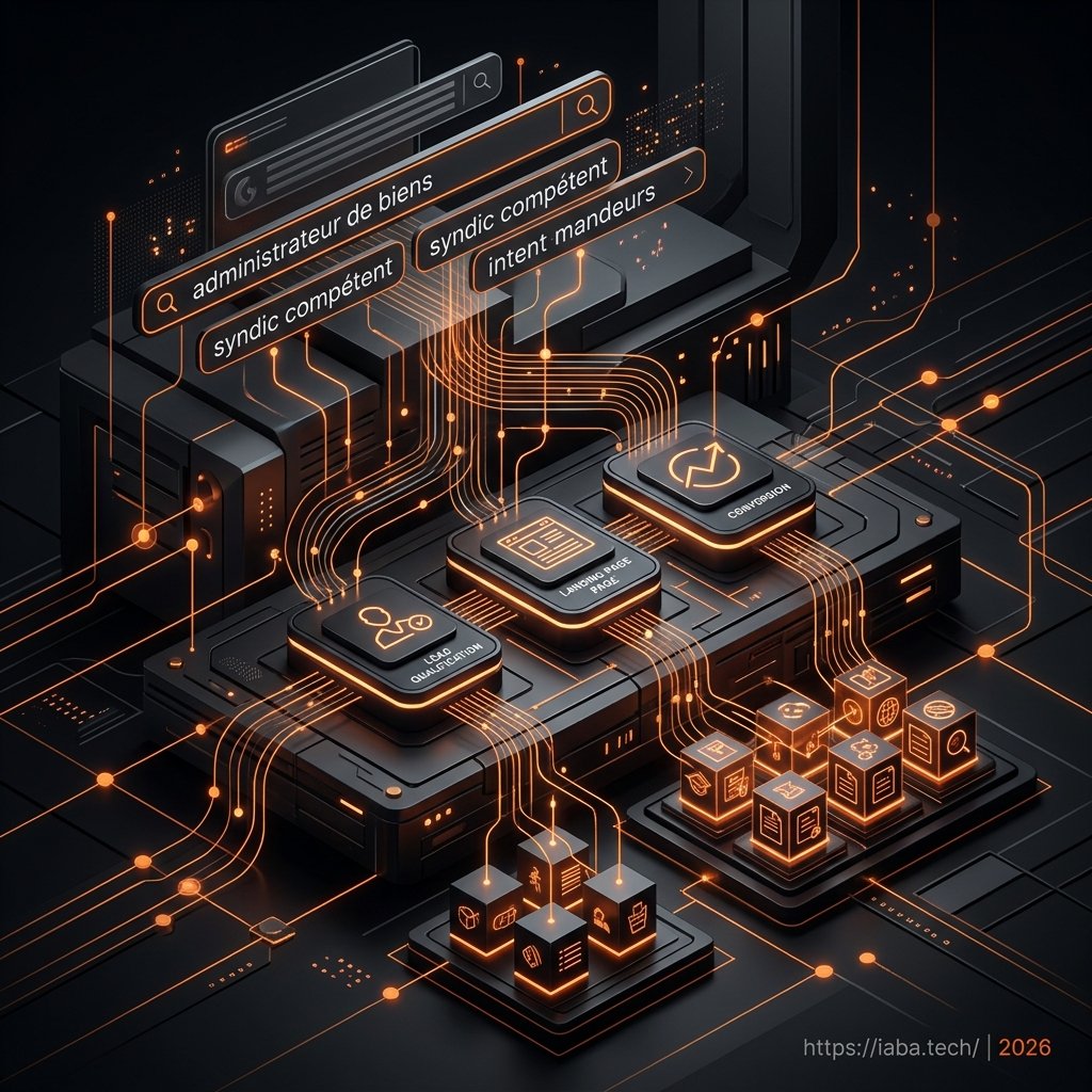 Interface de pilotage SEA montrant la conversion de clics qualifiés en demandes de mandats de gestion pour cabinets de syndic de copropriété.