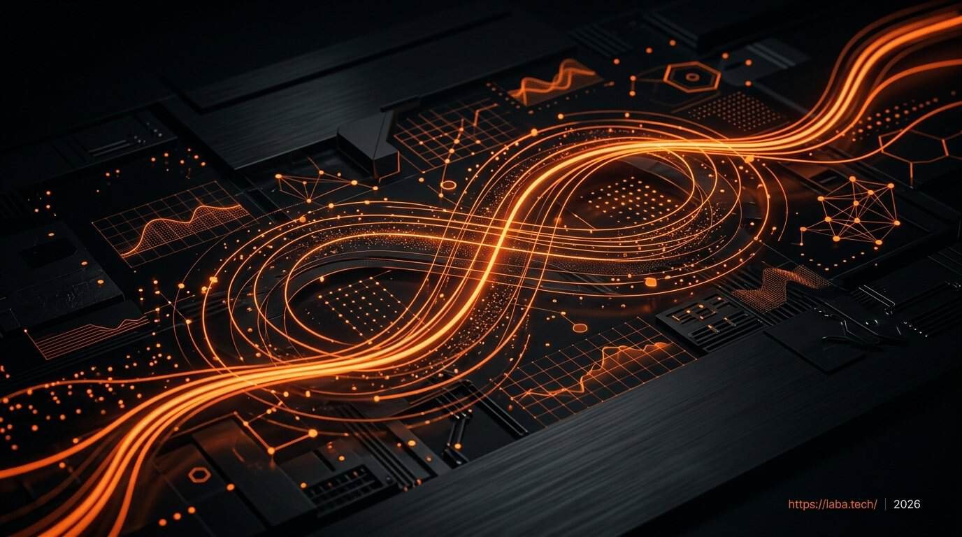 Visualisation d'un flux de données convergent illustrant la fusion stratégique SEO et SEA via le système iaba pour la croissance B2B.