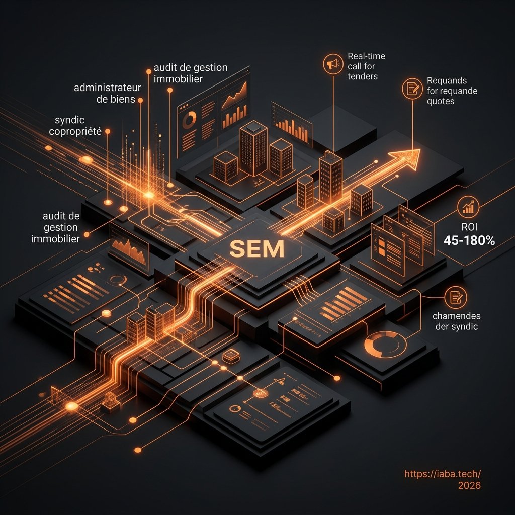 Visualisation d'un entonnoir de conversion SEM transformant les clics publicitaires en prospects qualifiés pour les administrateurs de biens.