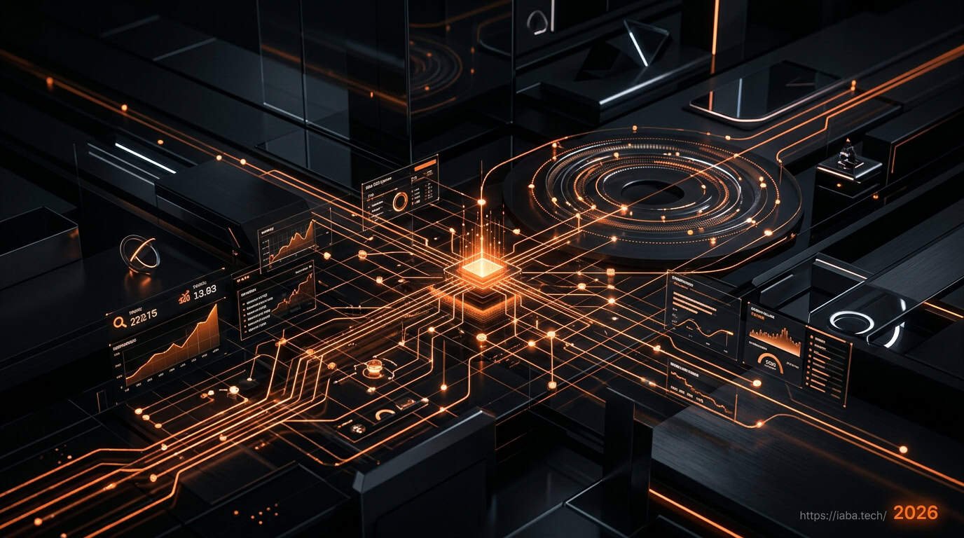 Structure de données interconnectées et flux ascendants illustrant le système iaba pour l'optimisation du référencement naturel B2B sur Google.