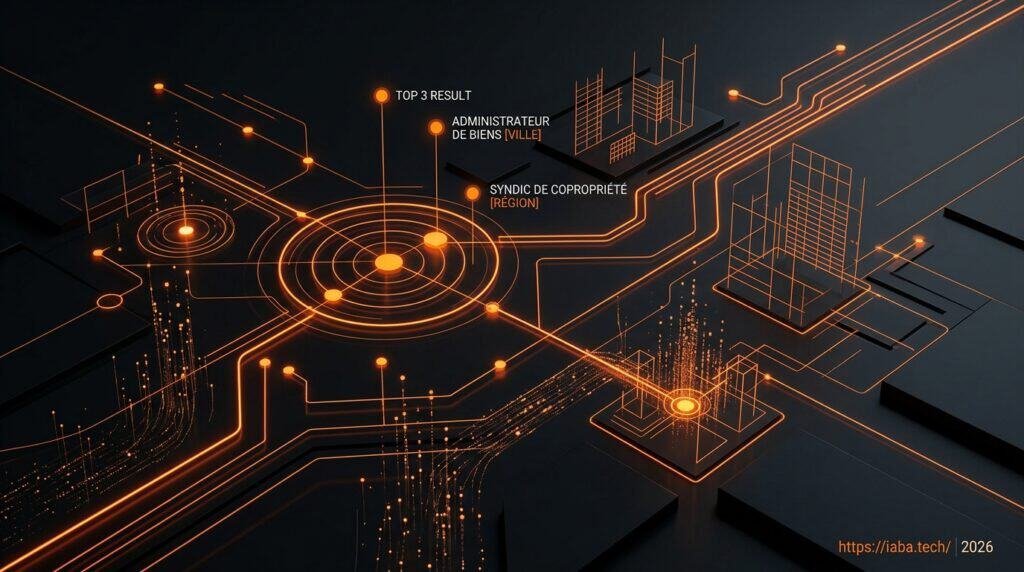 Visualisation de données ascendante sur une silhouette urbaine, illustrant la croissance du référencement naturel pour les syndics de copropriété.