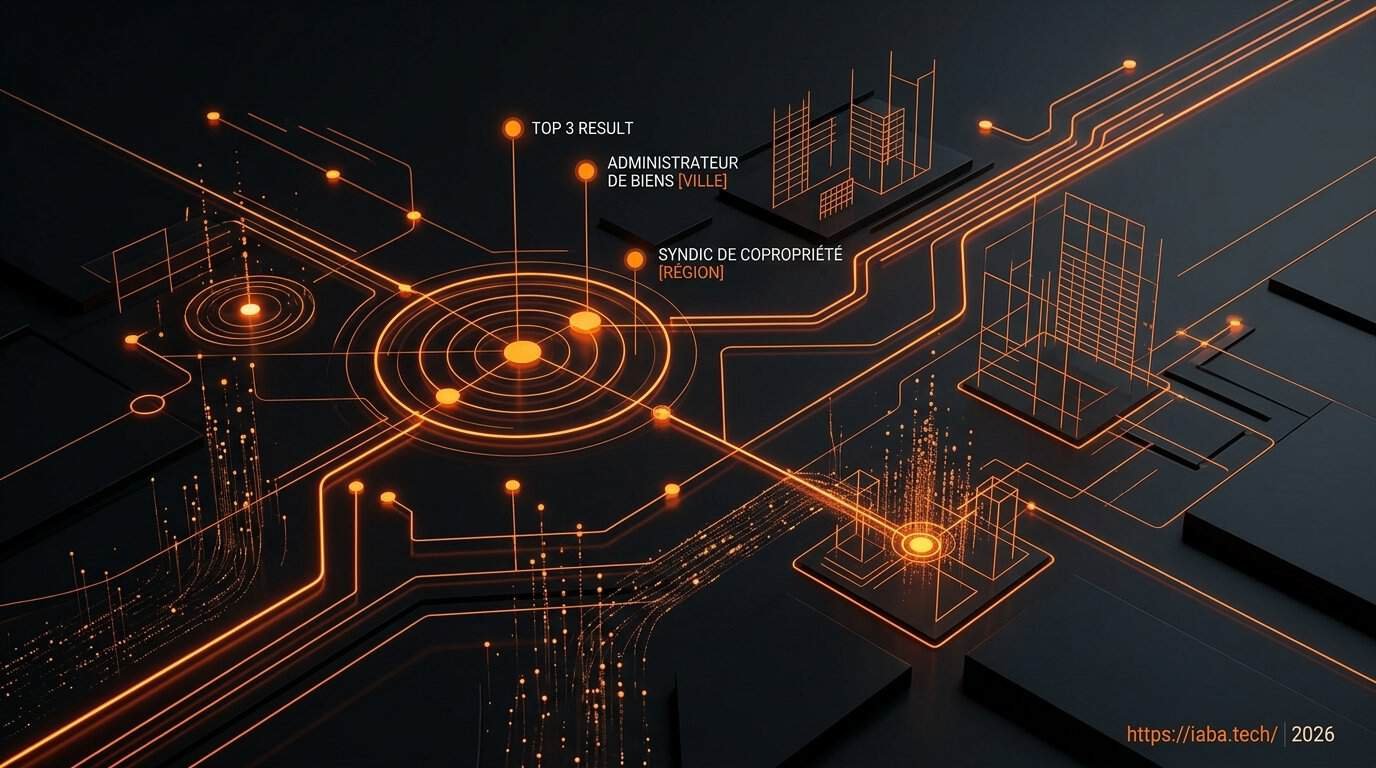Visualisation de données ascendante sur une silhouette urbaine, illustrant la croissance du référencement naturel pour les syndics de copropriété.
