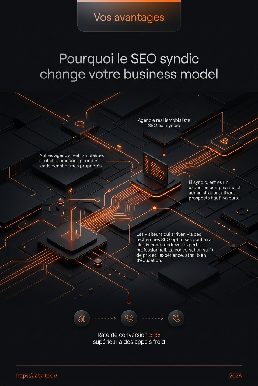 Illustration du processus de SEO syndic optimisant le flux de prospects qualifiés vers un taux de fermeture supérieur via l'expertise.