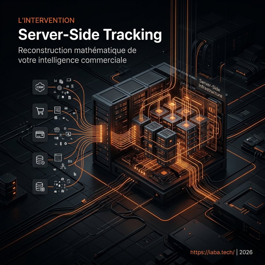 Schéma technique de reconstruction d'une stack data : CRM, e-commerce et data warehouse unifiés via une couche de collecte côté serveur.