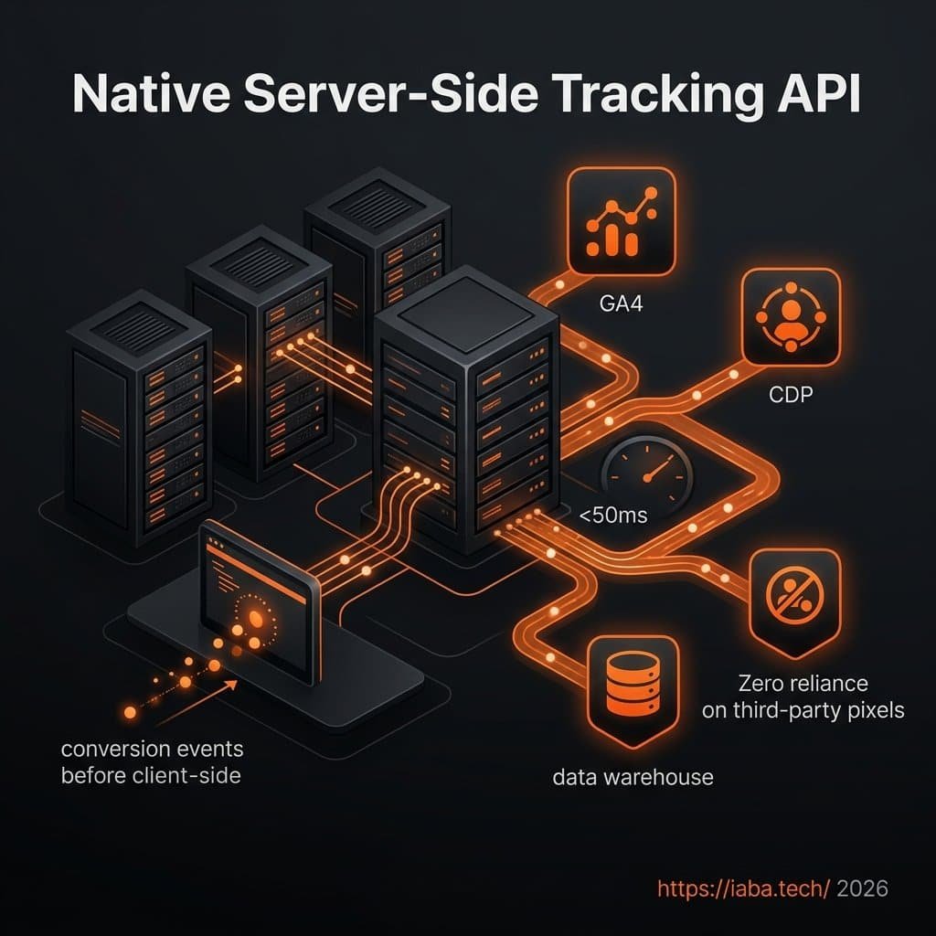 Schéma d'une architecture événementielle server-side native acheminant les données vers GA4 et entrepôts de données avec latence ultra-faible.