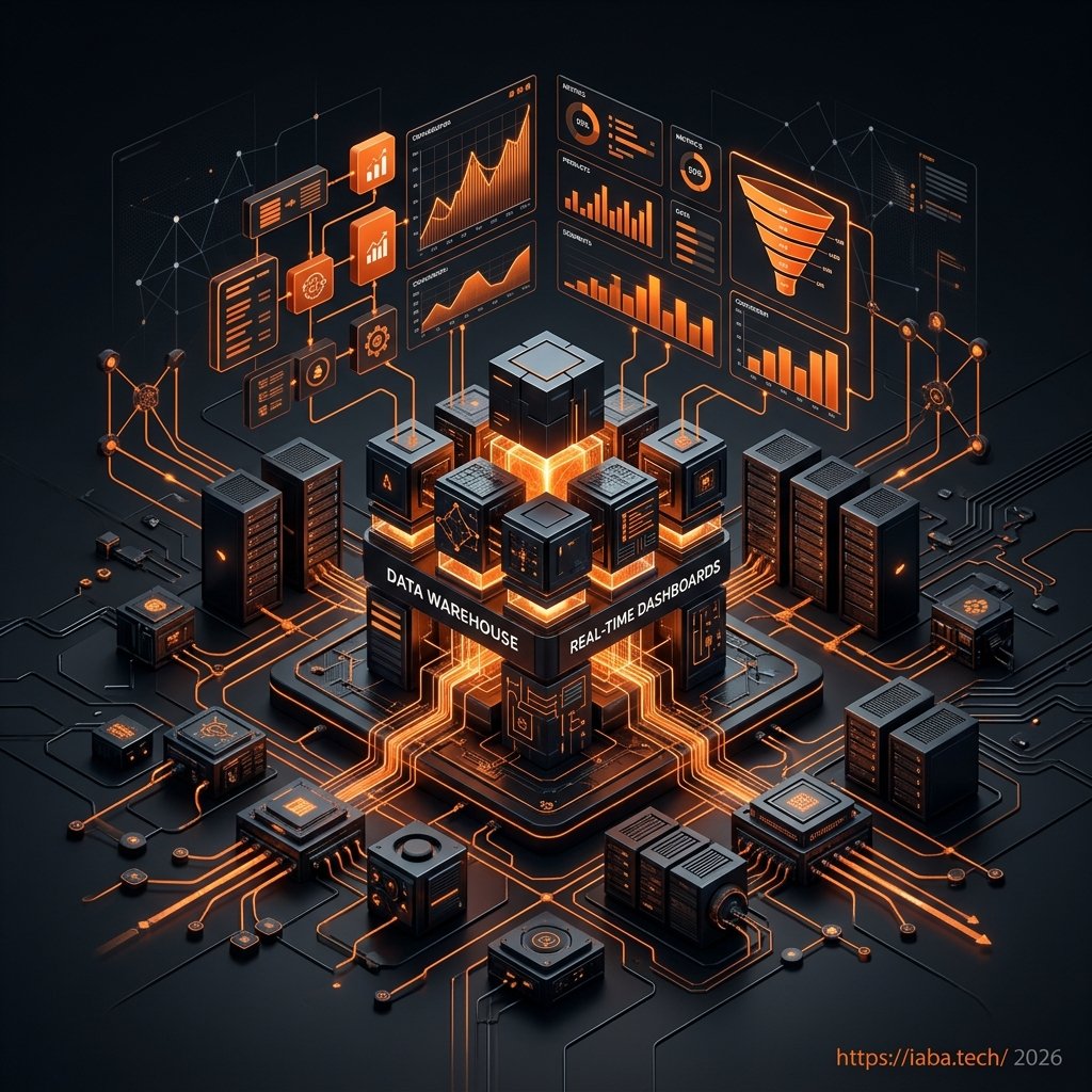 Visualisation d'une infrastructure data warehouse BigQuery avec dashboards de conversion en temps réel et alertes de flux.