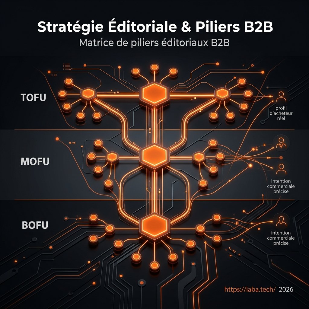 Infographie d'une matrice de piliers éditoriaux B2B illustrant l'organisation des topic clusters et le mapping sémantique du funnel.