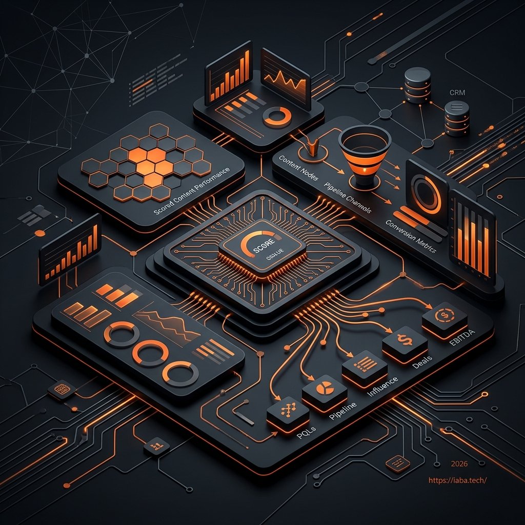 Tableau de bord analytique montrant le scoring éditorial, l'attribution pipeline et l'EBITDA organique généré par chaque contenu stratégique.