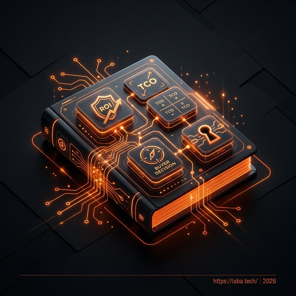 Interface présentant des études de cas ROI, comparatifs TCO et guides décisionnels pour comités d'achat enterprise.