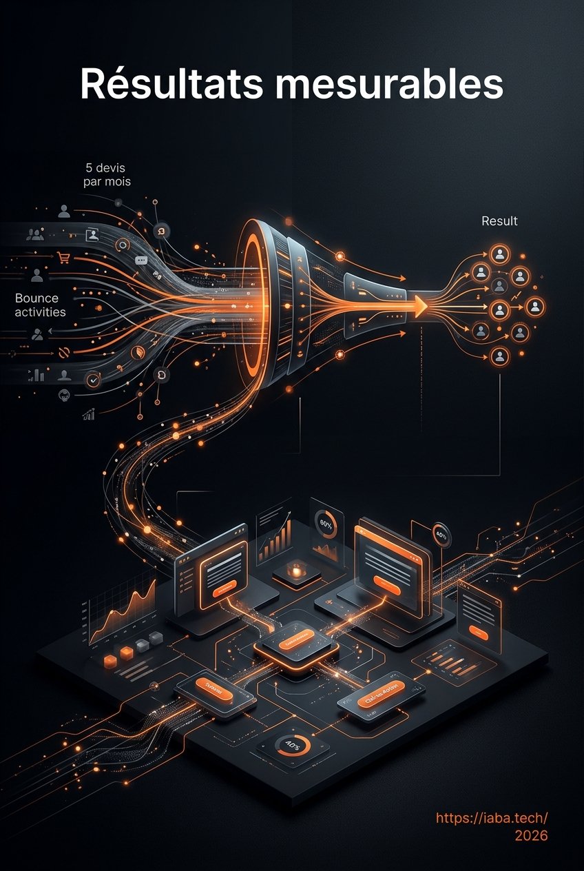 Interface analytique montrant la baisse du taux de rebond de 60% à 40% et l'augmentation des prospects pour maximiser la signature de devis via le CRO.