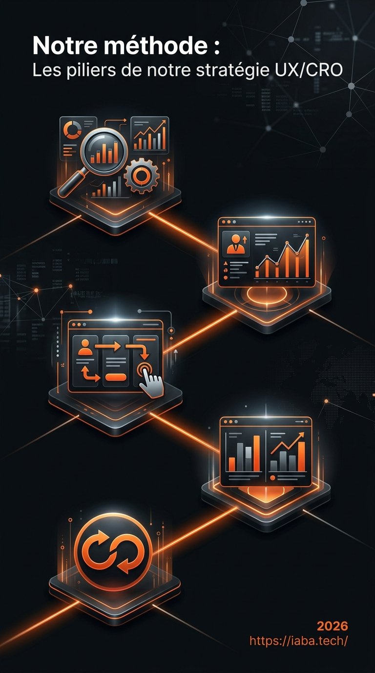 Dashboard analytique montrant l'optimisation du parcours utilisateur et l'augmentation des taux de conversion grâce aux solutions UX et CRO d'iaba.