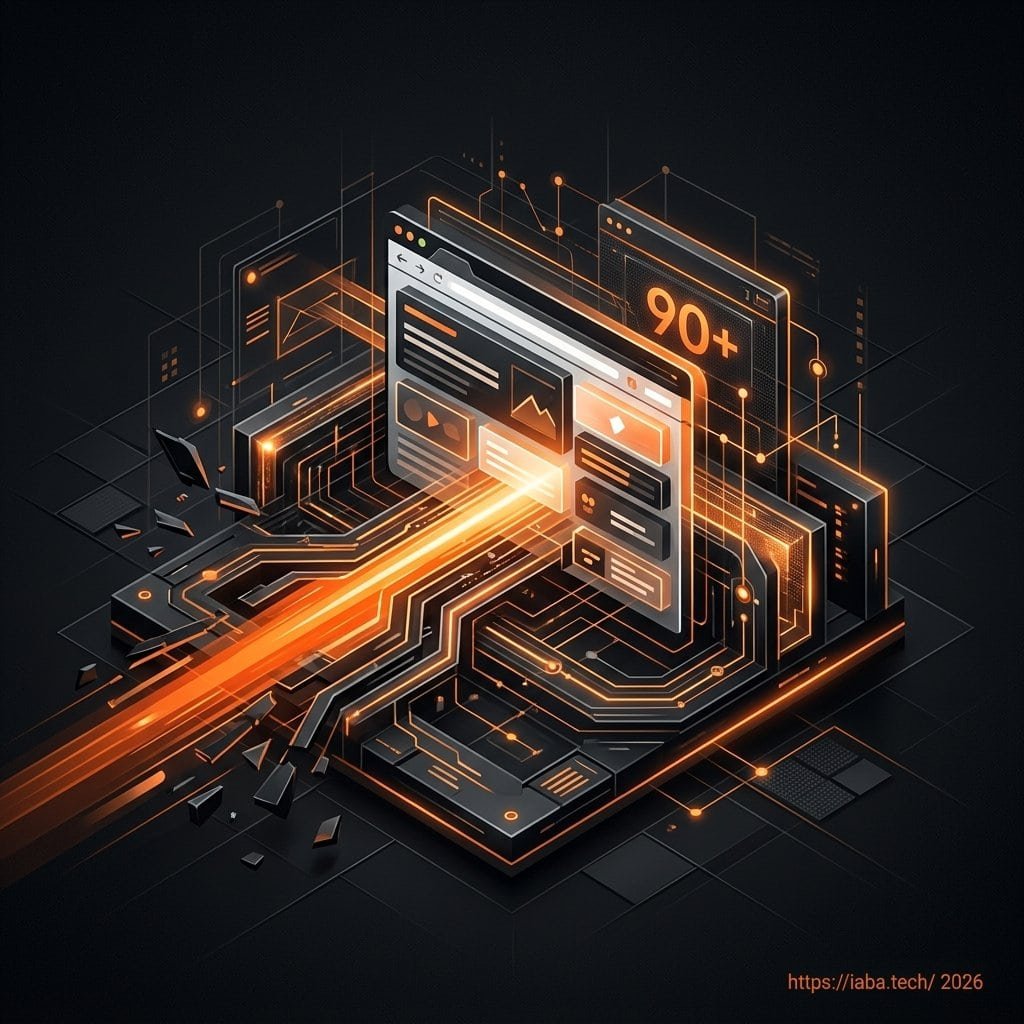 Dashboard Lighthouse avec score 90+ et LCP 2.5s, illustrant l'optimisation du Critical Rendering Path et du préchargement de ressources sur Webflow.