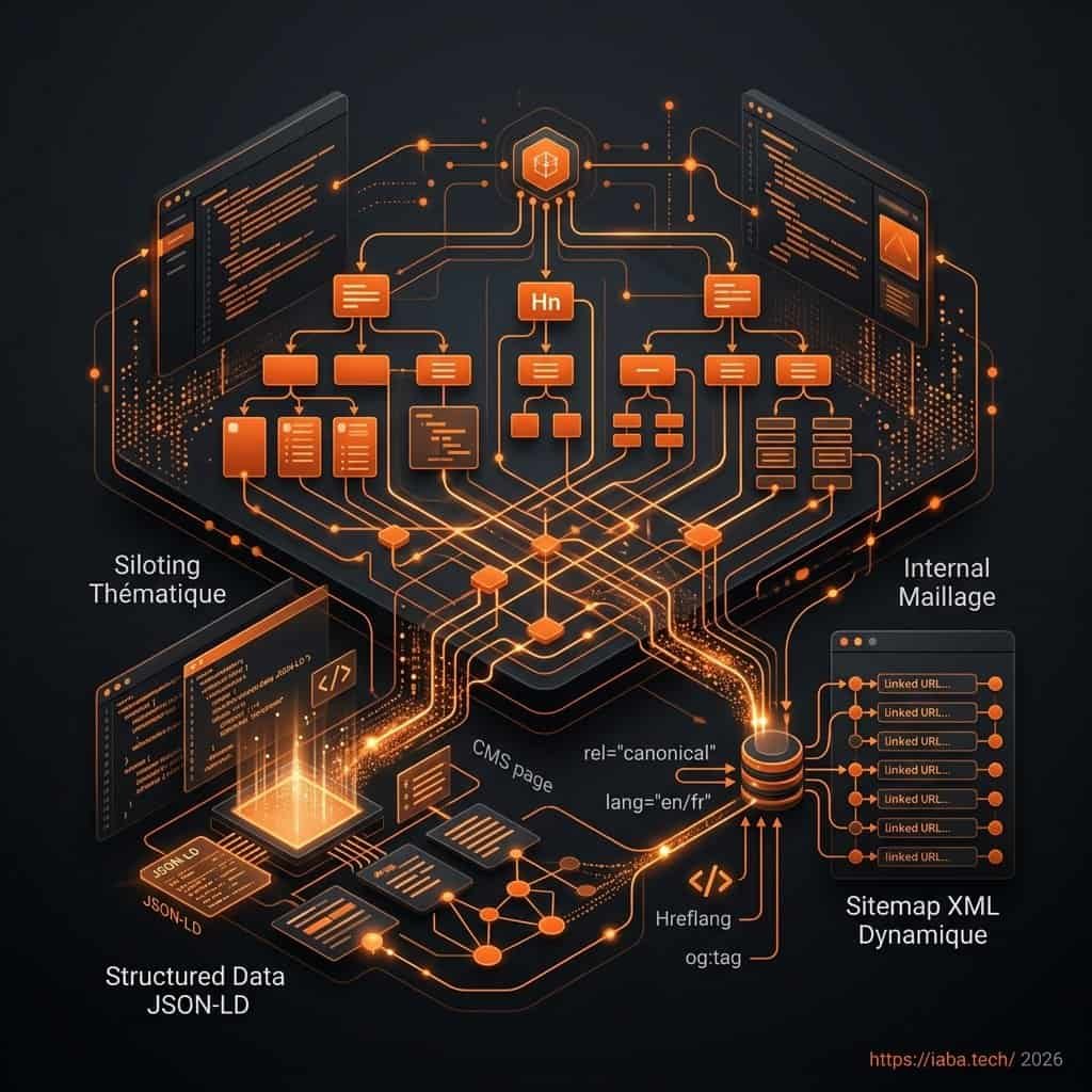 Schéma technique d'une architecture SEO en silos avec hiérarchie Hn, maillage interne et intégration de données structurées JSON-LD.
