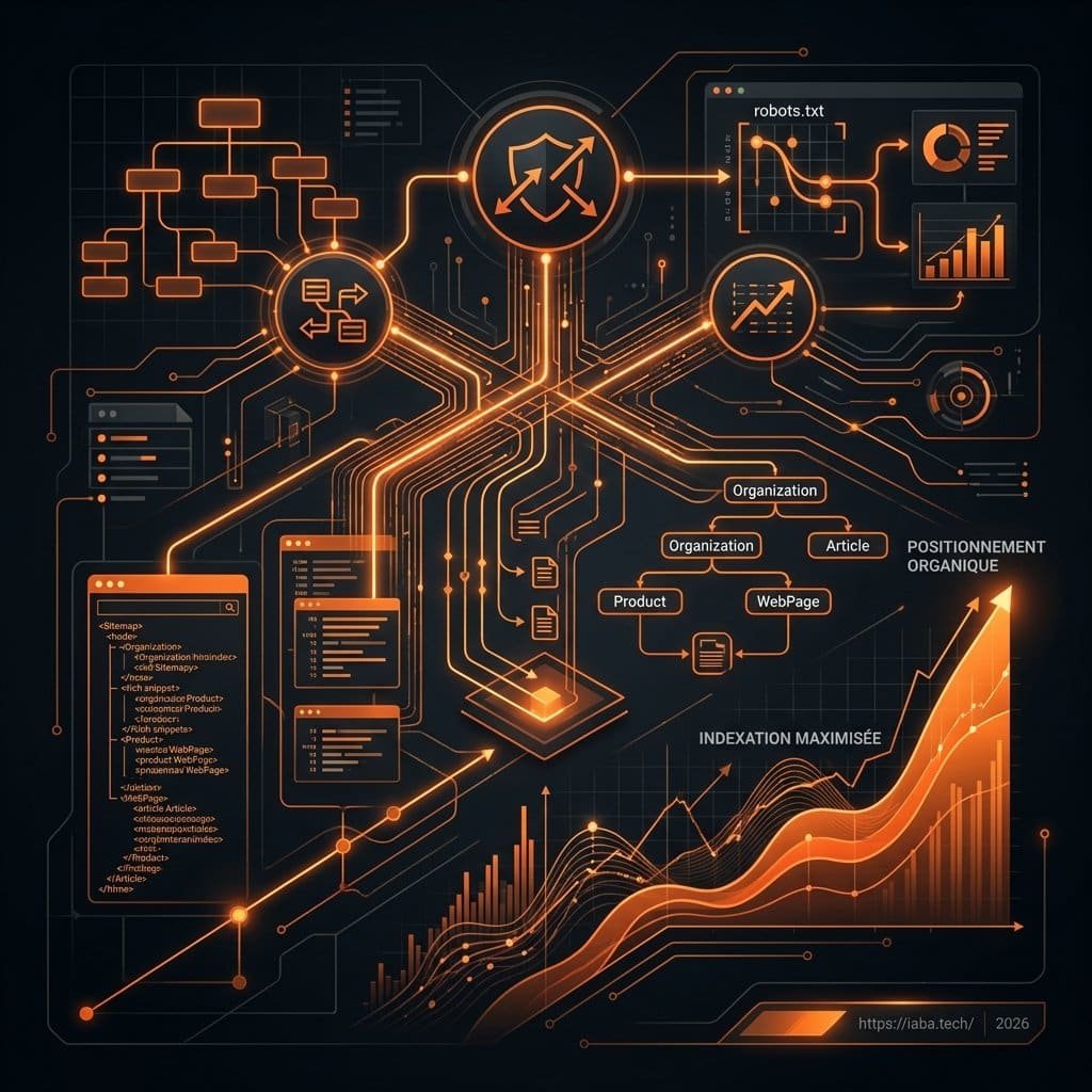 Schéma technique d'une architecture de crawl optimisée intégrant sitemap dynamique, balisage Schema.org natif et analyse de logs.