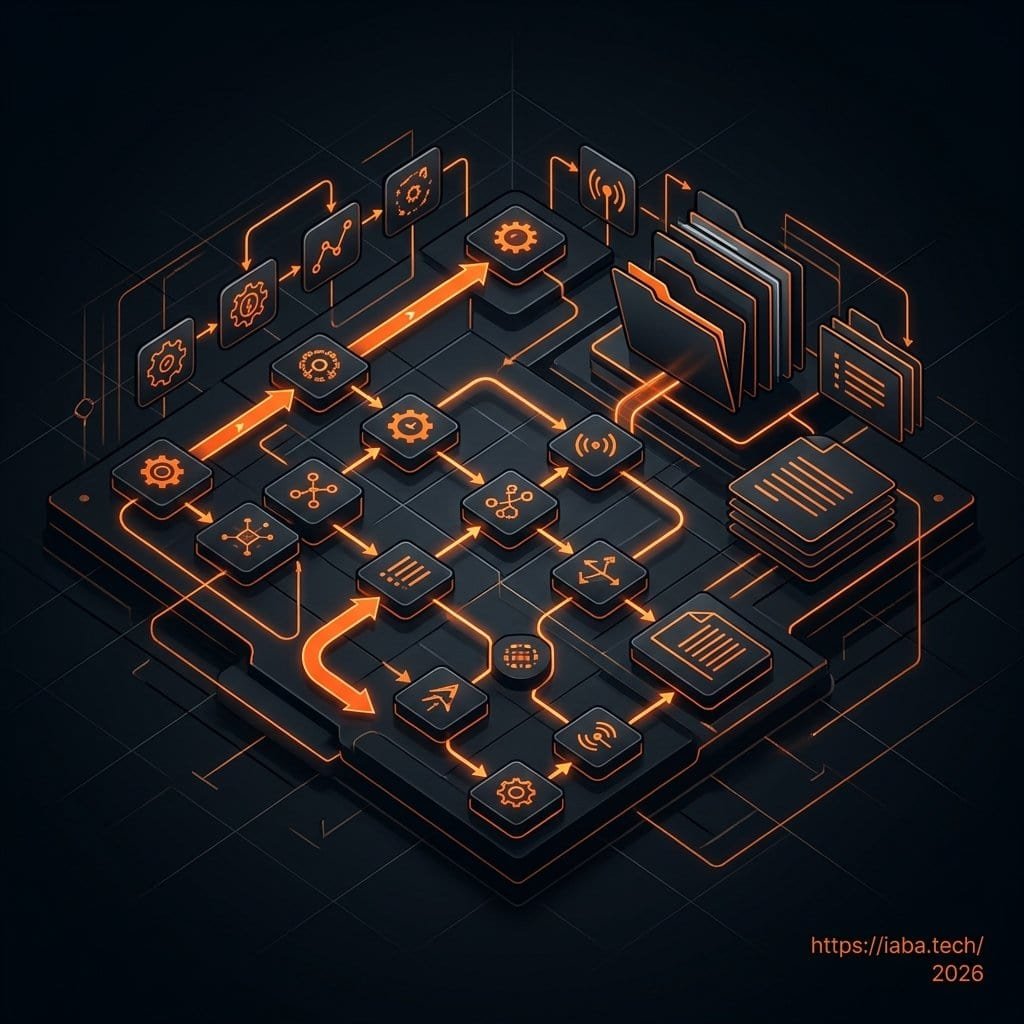 Schéma technique d'un workflow automatisé documenté illustrant la transparence des processus et le transfert de savoir-faire industriel.