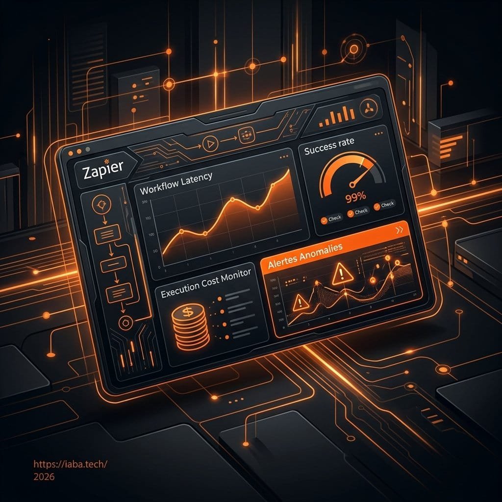 Interface de dashboard affichant des graphiques de latence, taux de succès et coûts d'exécution Zapier en temps réel.