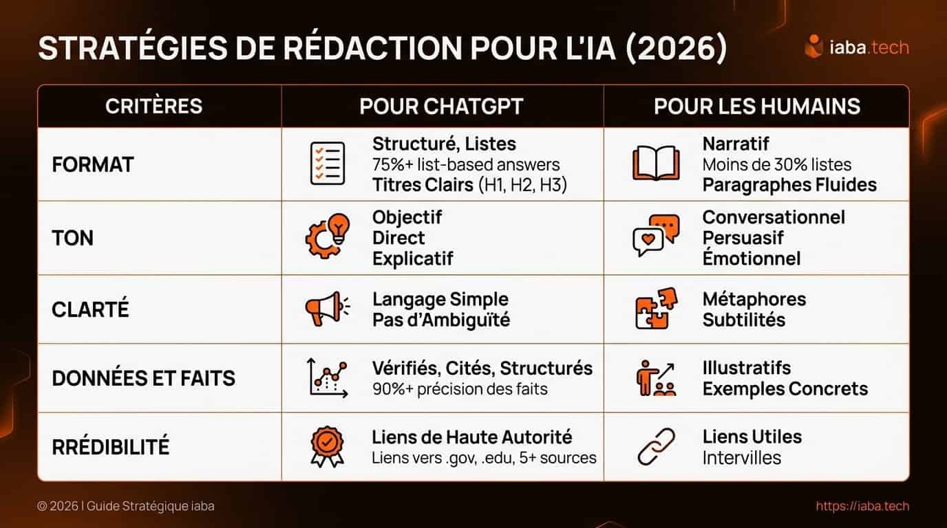 Tableau comparatif des critères de rédaction SEO vs GEO pour indexation par ChatGPT