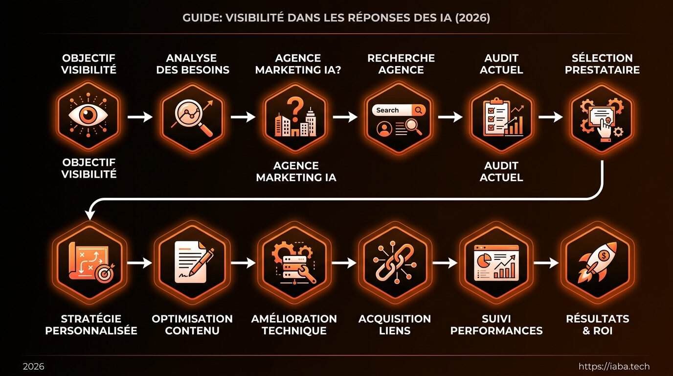 Schéma du processus GEO en 5 étapes : intention, structuration, autorité, intégration LLM, mesure